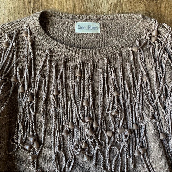 Vintage 80s Tassle Knit Sweater Fringe Medium Brown - Picture 6 of 6